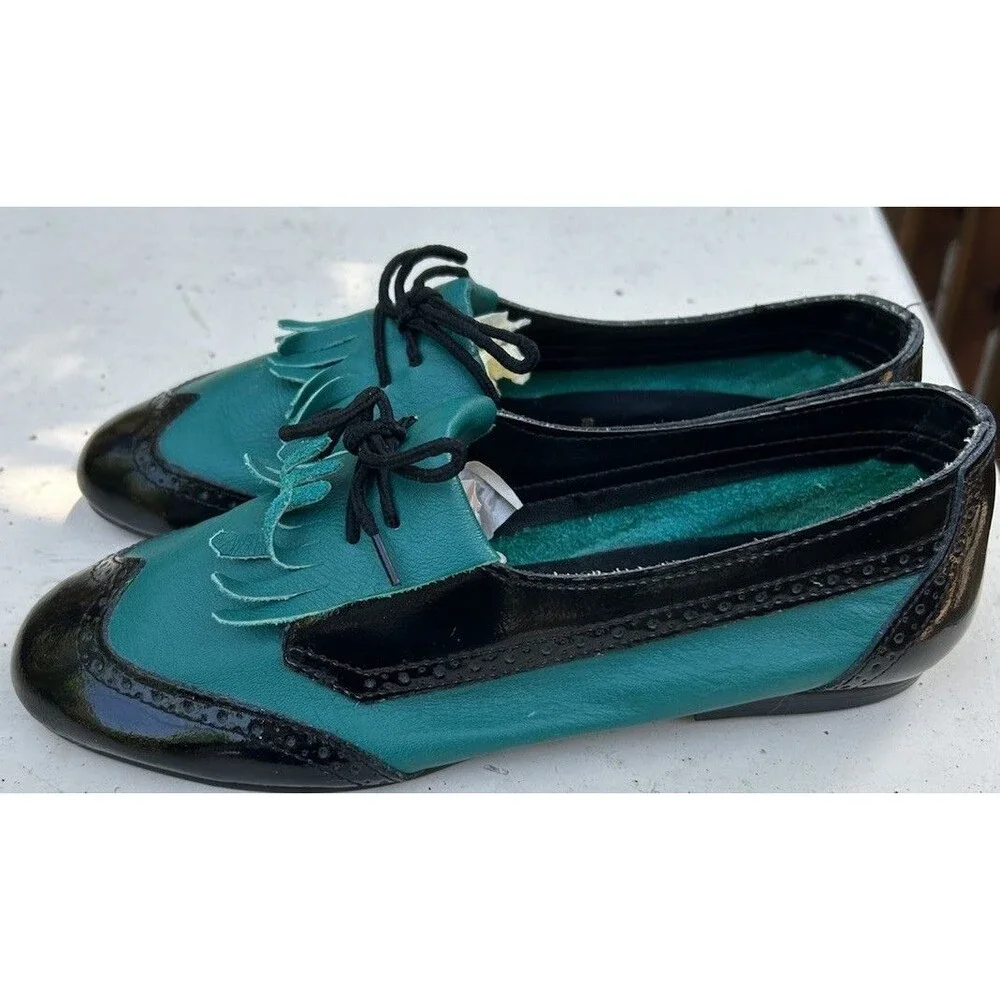 Vintage Italy Leather Kilties Loafers Teal Black Brogue Wingtip Oxfords 38 7.5